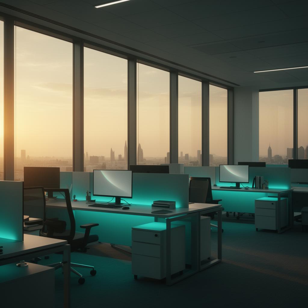 Modern Saudi office workspace at golden hour with teal accent lighting
