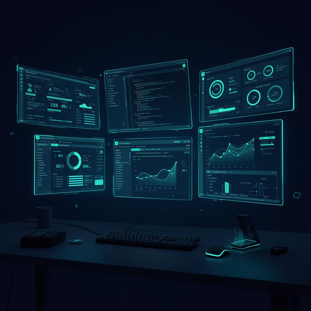 Modern software engineering workspace with floating dashboards and code editors