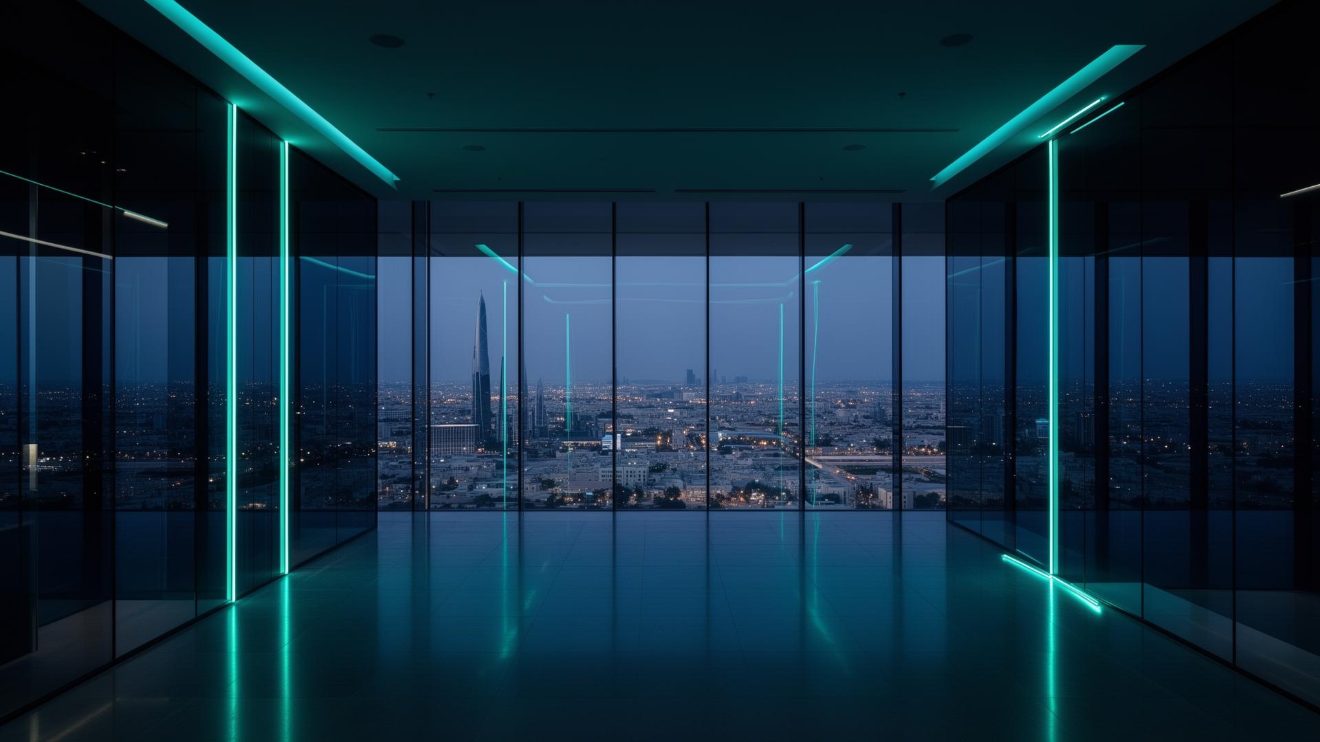 Modern Saudi corporate headquarters interior at dusk with teal LED accents