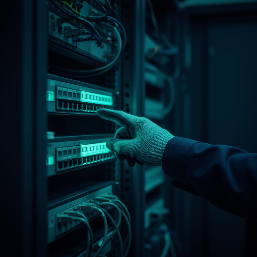 Field engineer's gloved hand reaching toward a glowing telecom panel